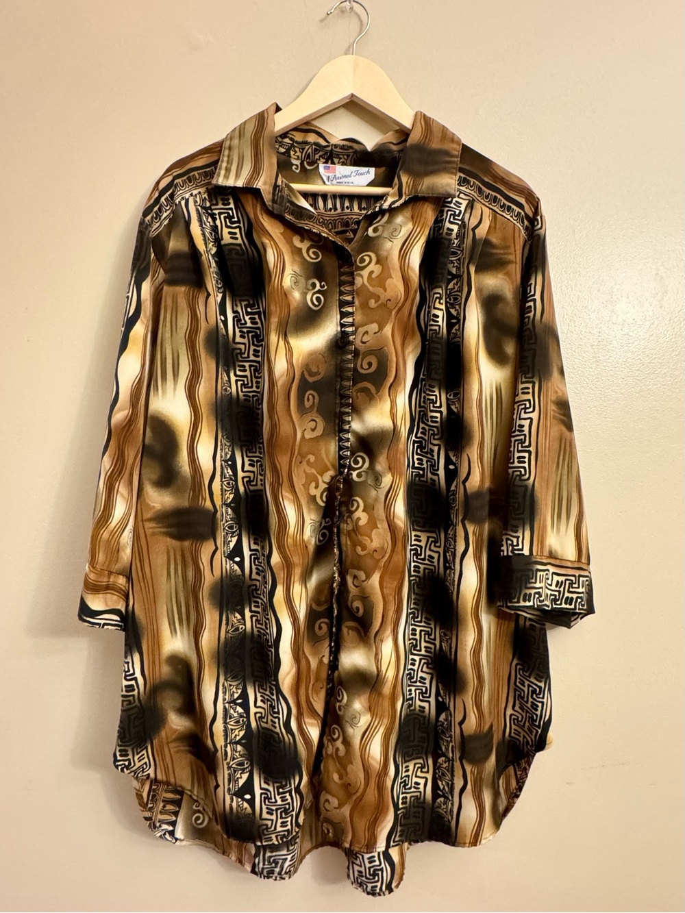 Vintage Earthy Women Plus Size 4X Brown Patterned Button-Up Shirt Jacket